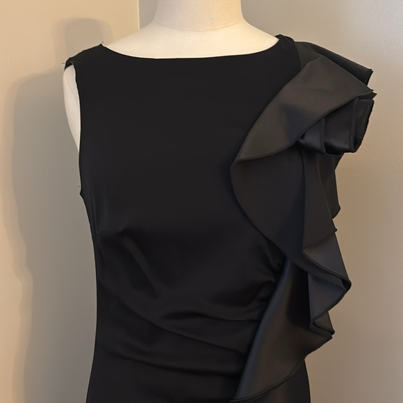 Le Chateau Black Sleeveless Dress with Asymmetrical Floral Ruffle Sz M - Picture 2 of 10